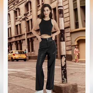 Women's Black High Waist Faux Leather Straight Leg Bell Bottom Flare pants sz XL